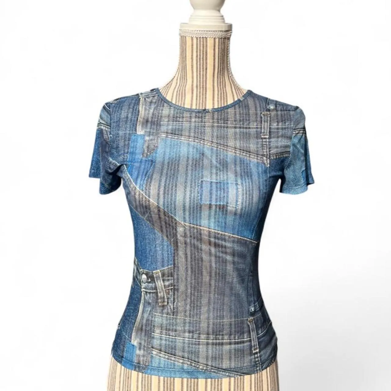 Miaou Sheer Blue Denim Printed Patchwork Mini Top, photo 2 of 6