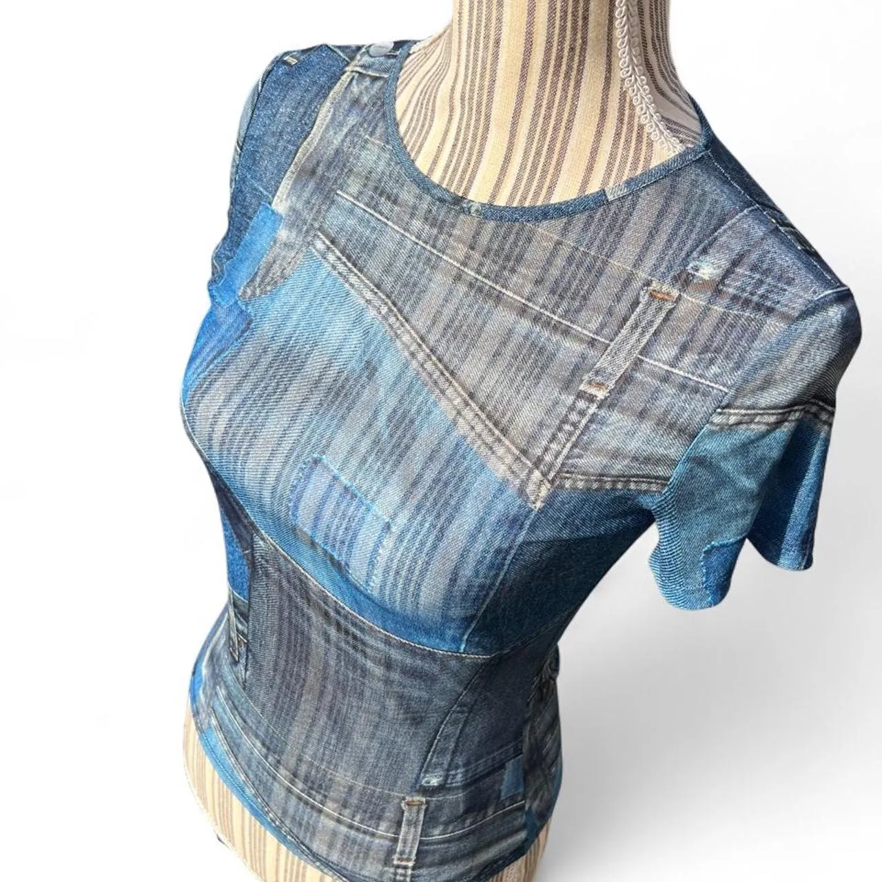 Miaou Sheer Blue Denim Printed Patchwork Mini Top, photo 3 of 6