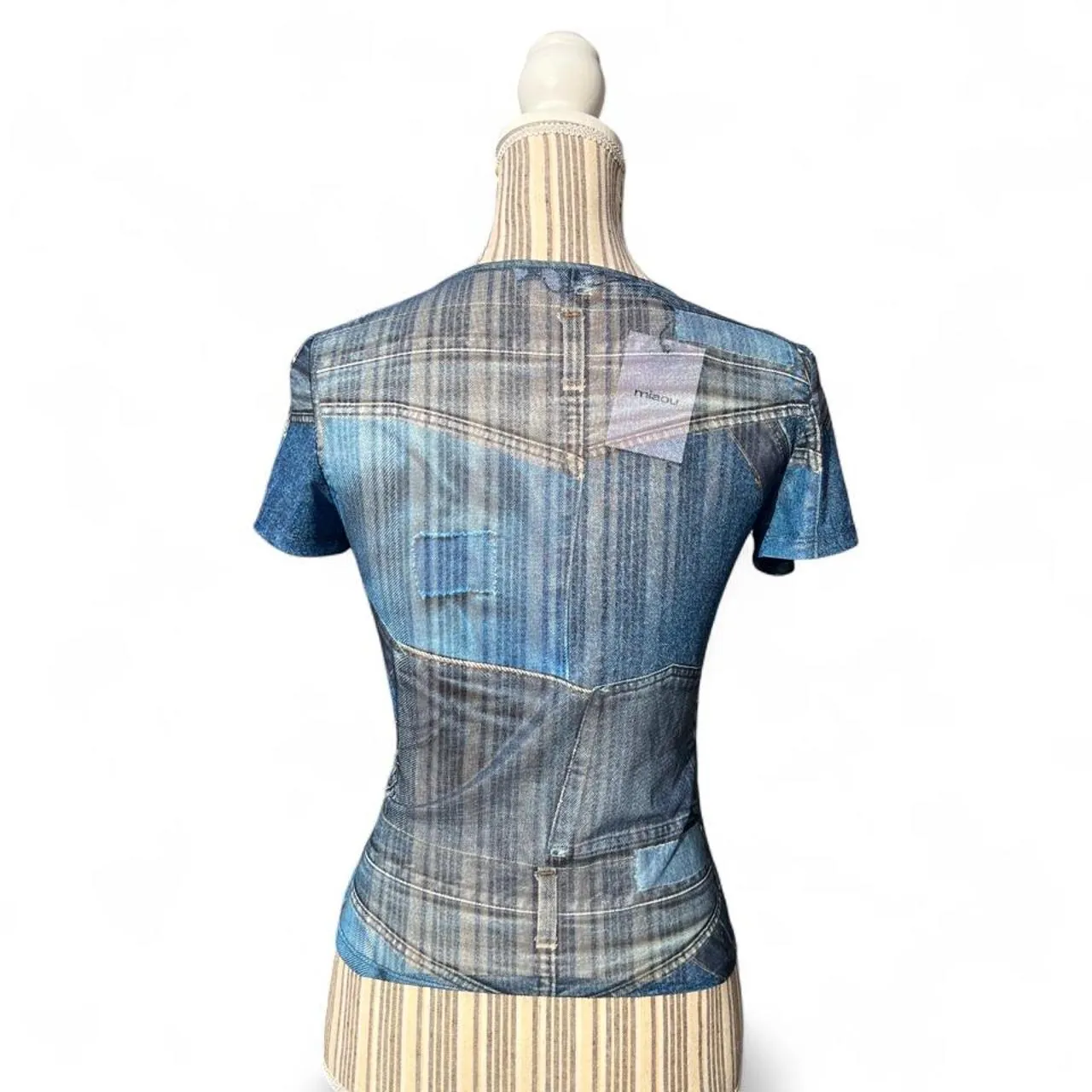 Miaou Sheer Blue Denim Printed Patchwork Mini Top, photo 4 of 6