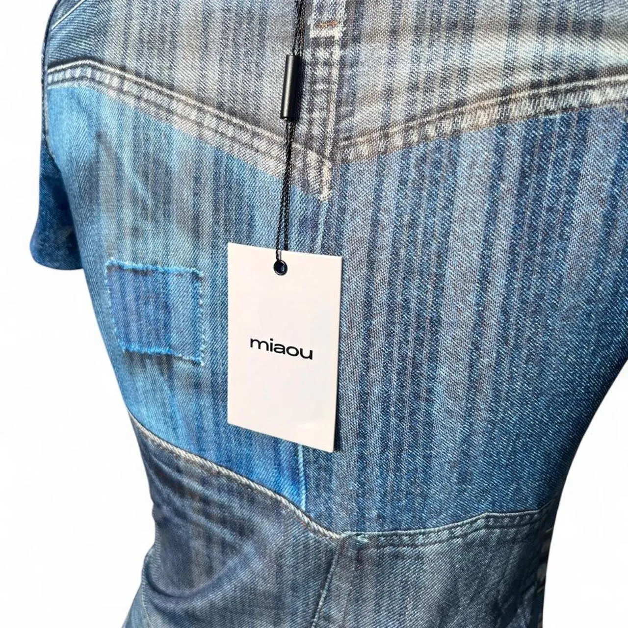 Miaou Sheer Blue Denim Printed Patchwork Mini Top, photo 5 of 6