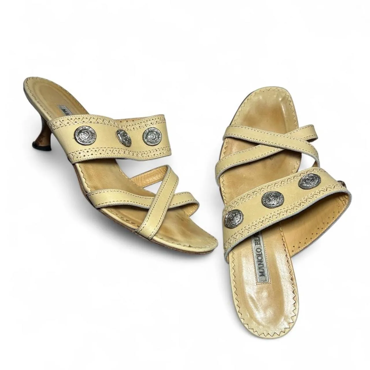 Rare Vintage Manolo Blahnik Leather Patterned Gladiator Kitten Heel Sandals with Silver Nubuck Medallion Coin Accents, photo 1 of 6