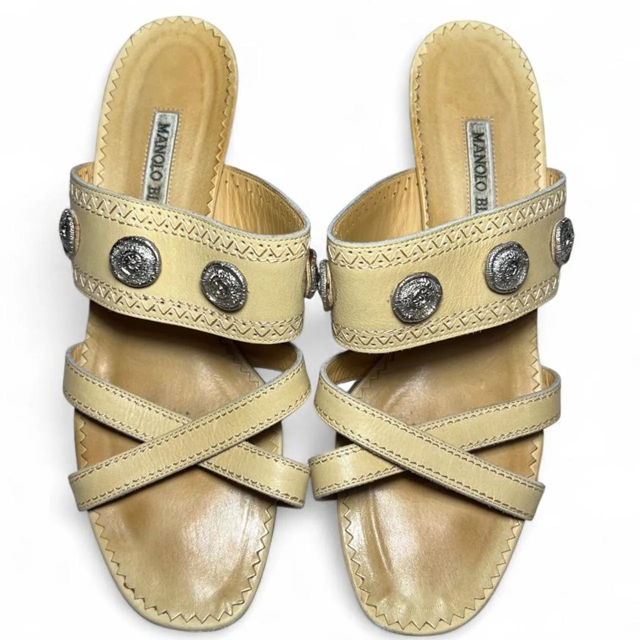 Rare Vintage Manolo Blahnik Leather Patterned Gladiator Kitten Heel Sandals with Silver Nubuck Medallion Coin Accents, photo 2 of 6