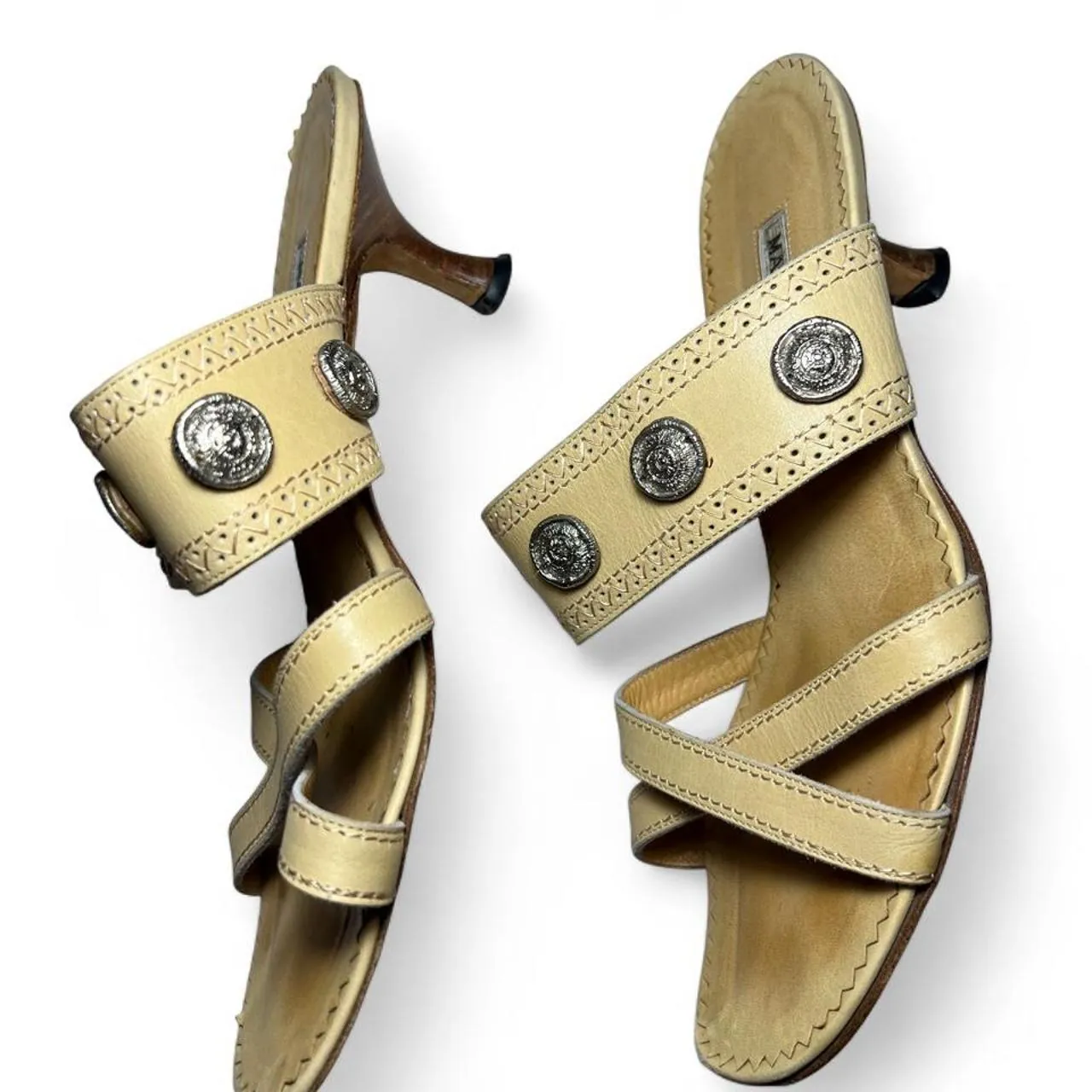 Rare Vintage Manolo Blahnik Leather Patterned Gladiator Kitten Heel Sandals with Silver Nubuck Medallion Coin Accents, photo 3 of 6