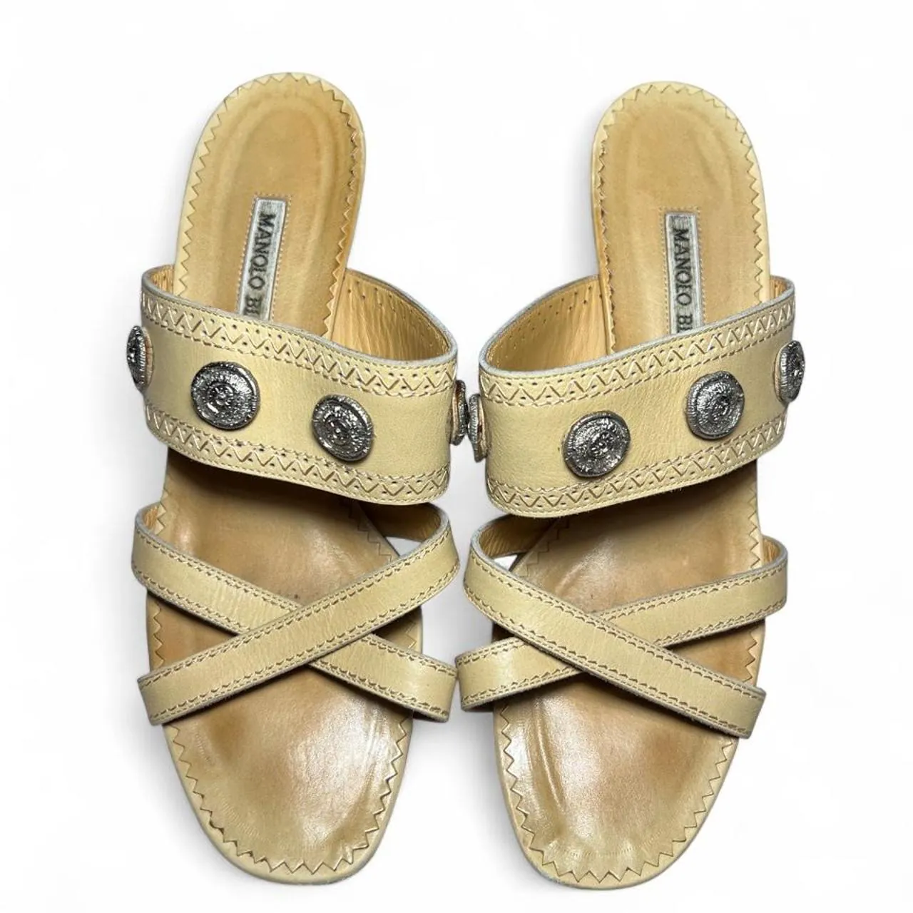 Rare Vintage Manolo Blahnik Leather Patterned Gladiator Kitten Heel Sandals with Silver Nubuck Medallion Coin Accents, photo 4 of 6
