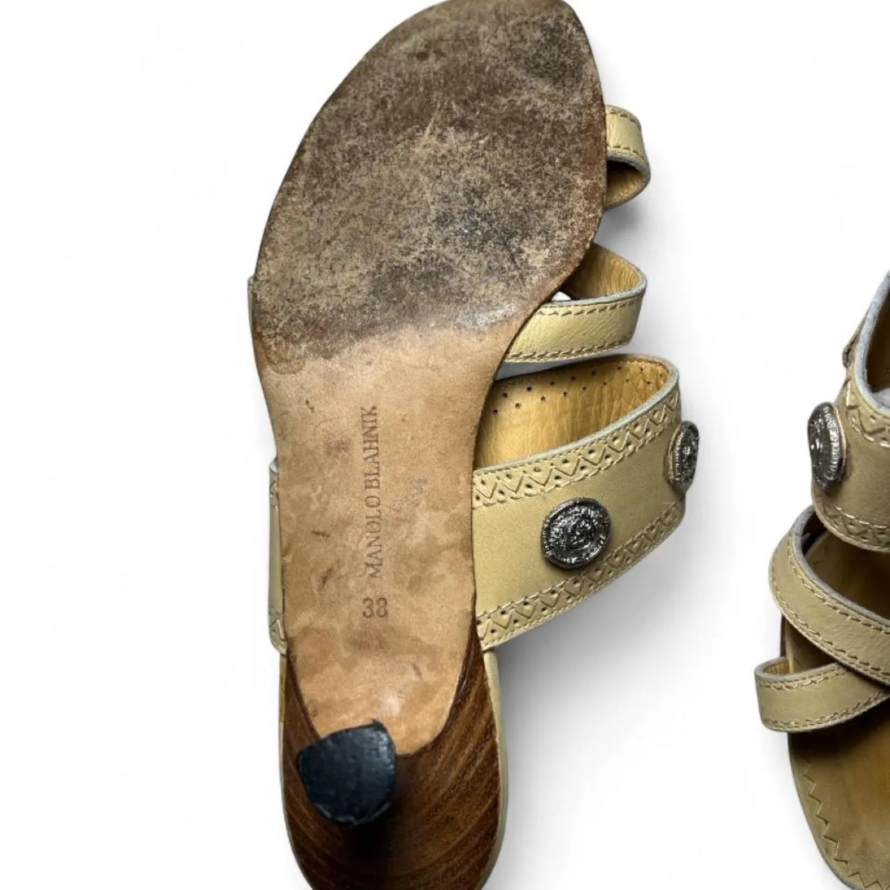 Rare Vintage Manolo Blahnik Leather Patterned Gladiator Kitten Heel Sandals with Silver Nubuck Medallion Coin Accents, photo 5 of 6