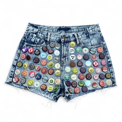 Blue Denim Shorts with Bottle Cap Embellishments
