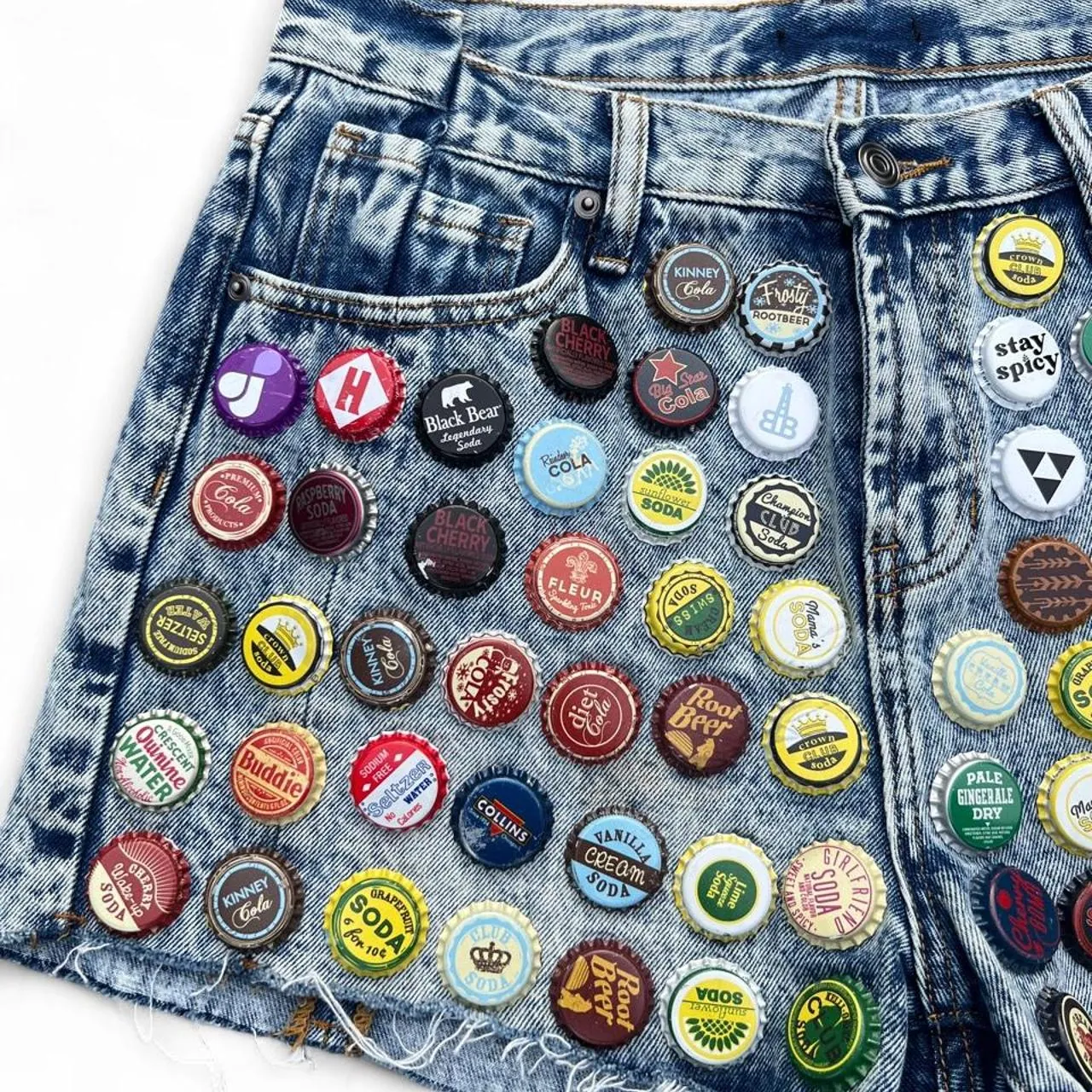 Blue Denim Shorts with Bottle Cap Embellishments, photo 2 of 6