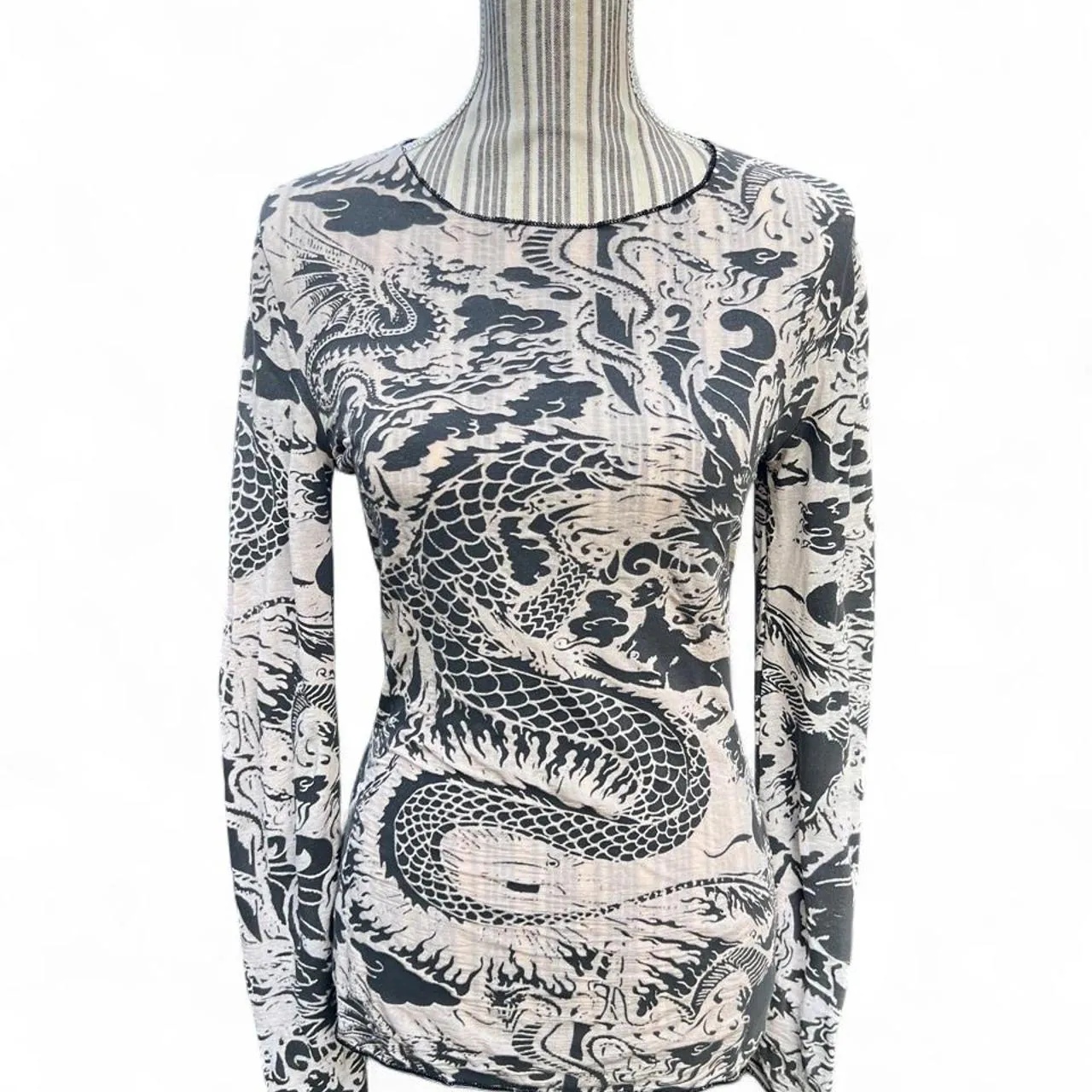 Rare Vintage Jean Paul Gaultier 1990s Dragon Print Soft Sheer Long Sleeve Top, photo 2 of 6