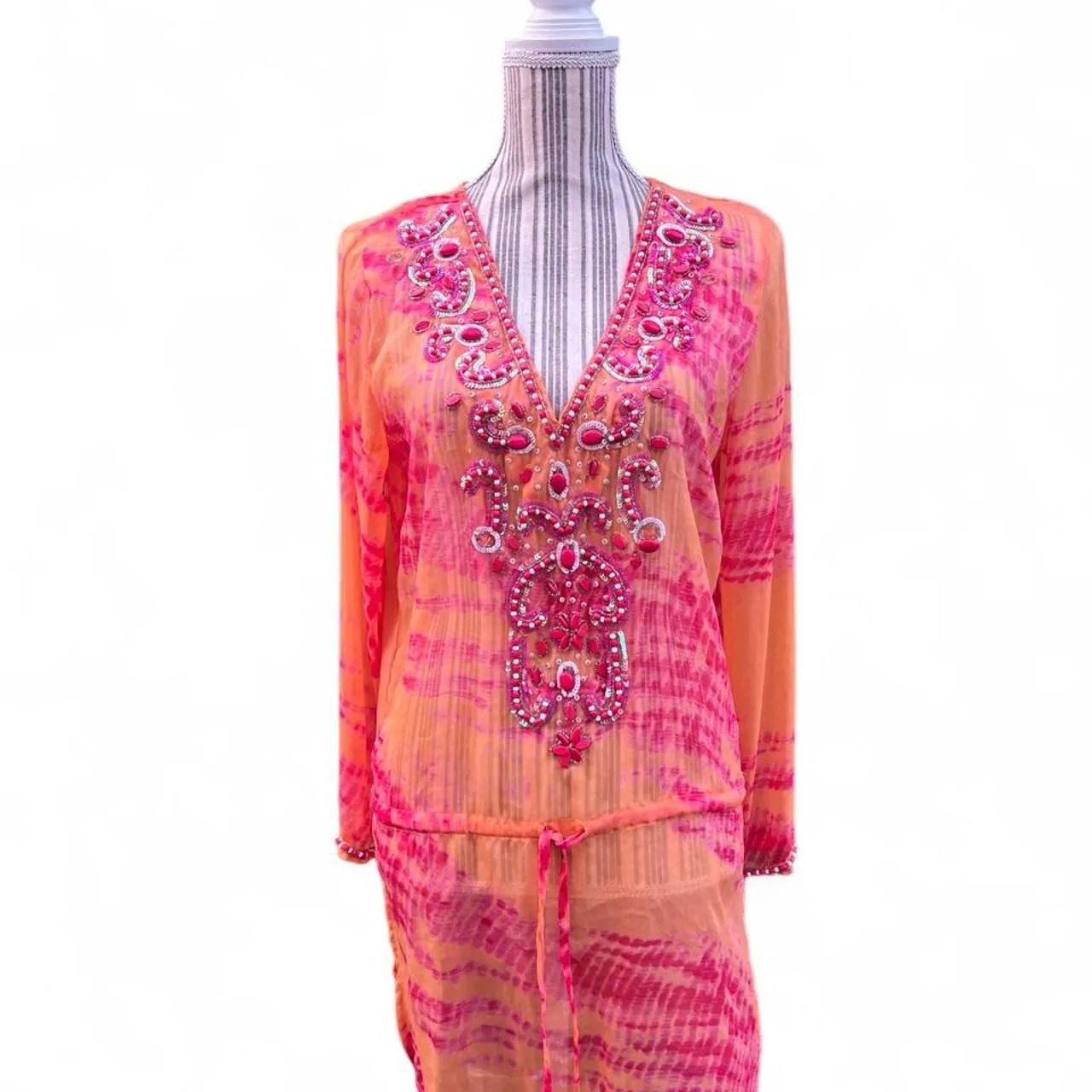 Blue Island Pink & Orange Tie-Dye Tunic Dress with Beaded Embellishments, photo 1 of 4