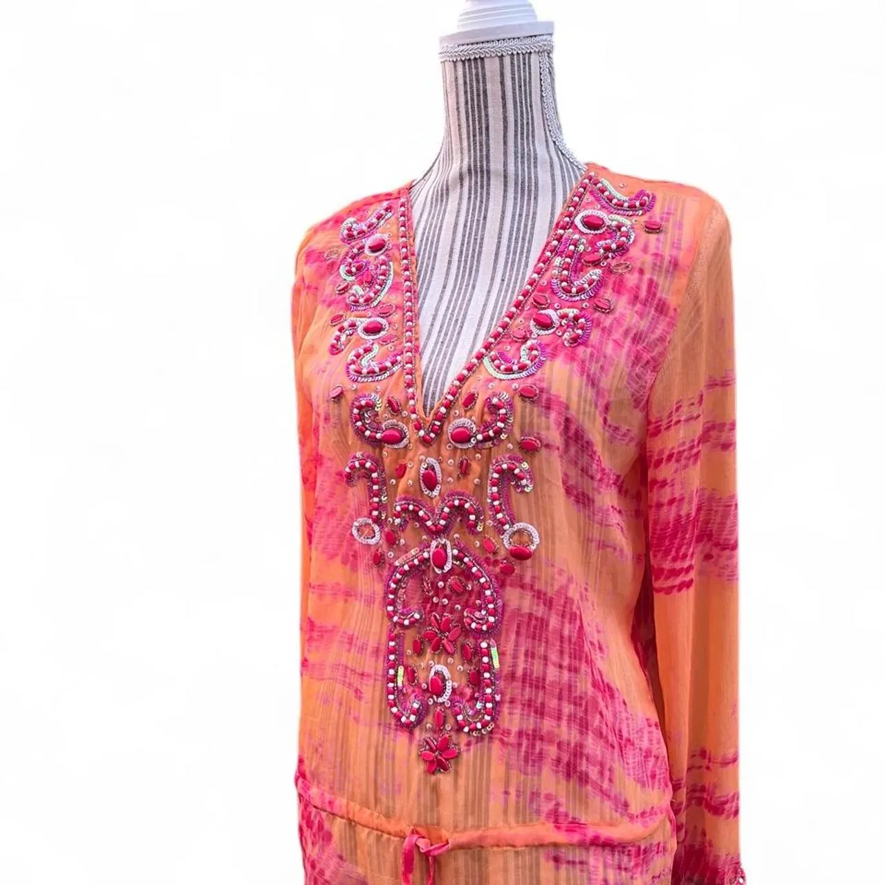 Blue Island Pink & Orange Tie-Dye Tunic Dress with Beaded Embellishments, photo 2 of 4