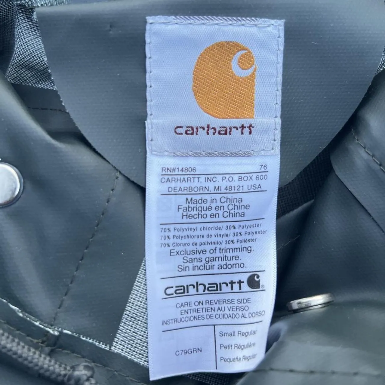 Carhartt Lightweight Waterproof Rain Storm Coat/Rain Jacket, photo 6 of 6