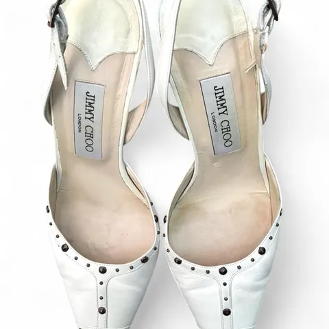 Vintage Jimmy Choo Studded White Leather Slingback Heels