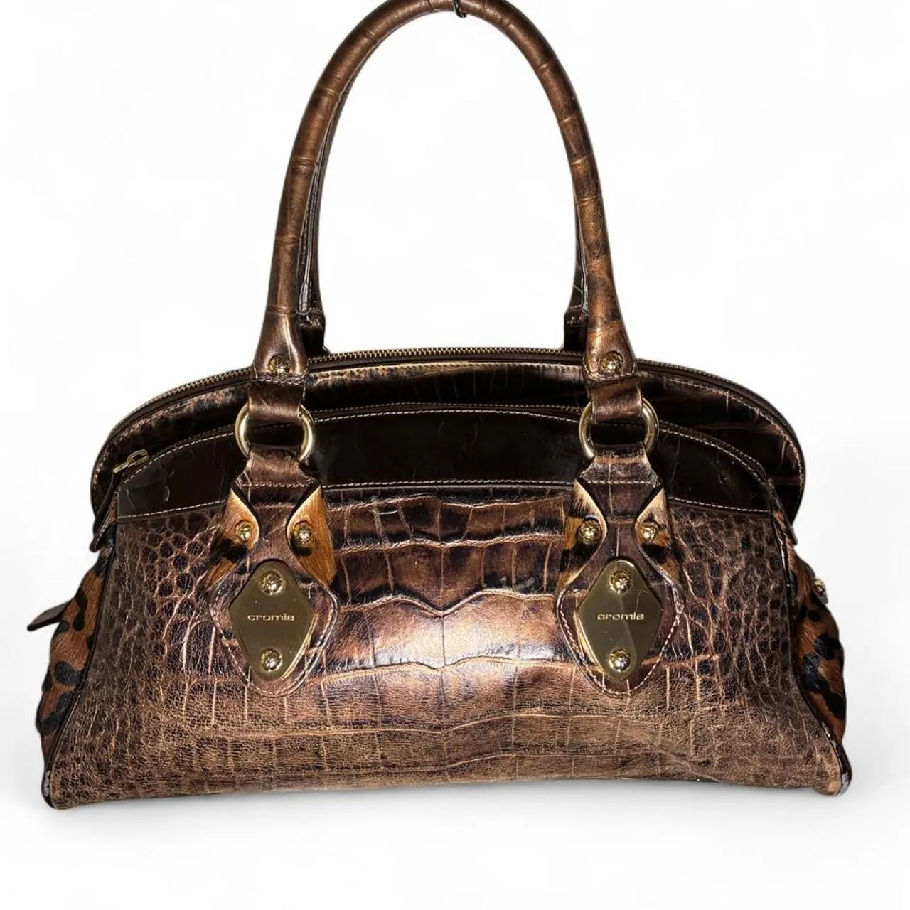 Vintage Cromia Croc Embossed & Calf Hair Cowhide Italian Leather Handbag, photo 2 of 8