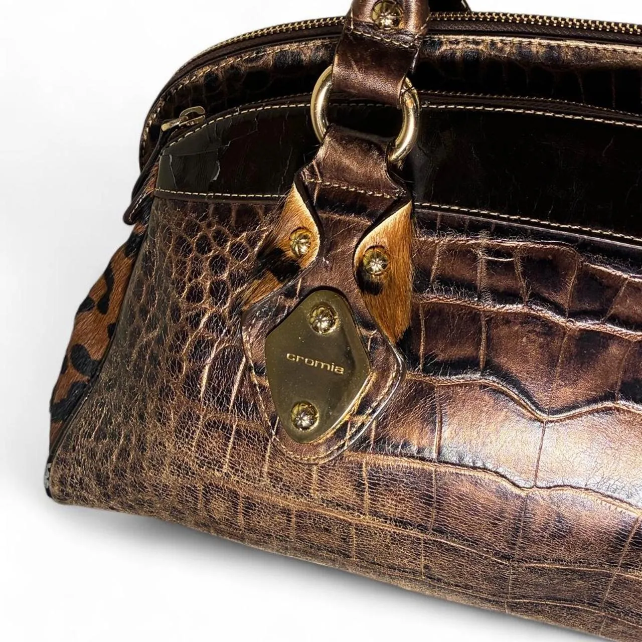 Vintage Cromia Croc Embossed & Calf Hair Cowhide Italian Leather Handbag, photo 3 of 8