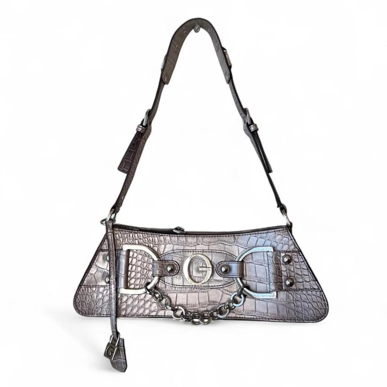 Vintage Y2K Guess Silver Croc-Embossed Leather Shoulder Bag, photo 1 of 7