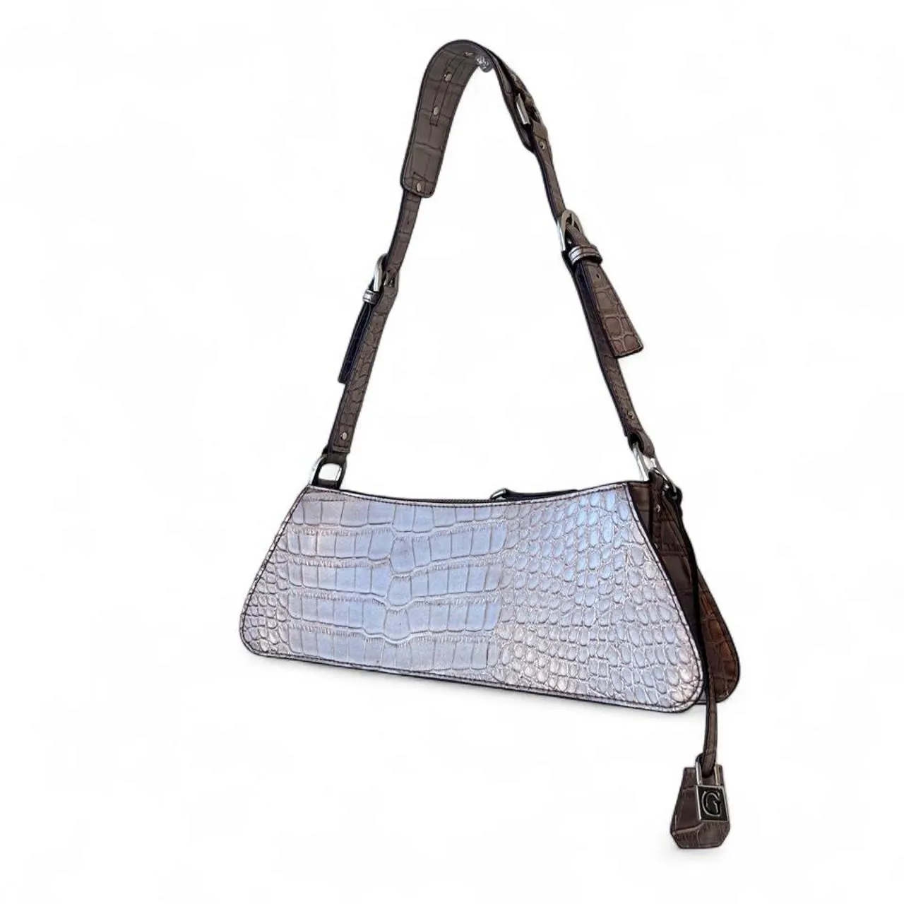 Vintage Y2K Guess Silver Croc-Embossed Leather Shoulder Bag, photo 5 of 7