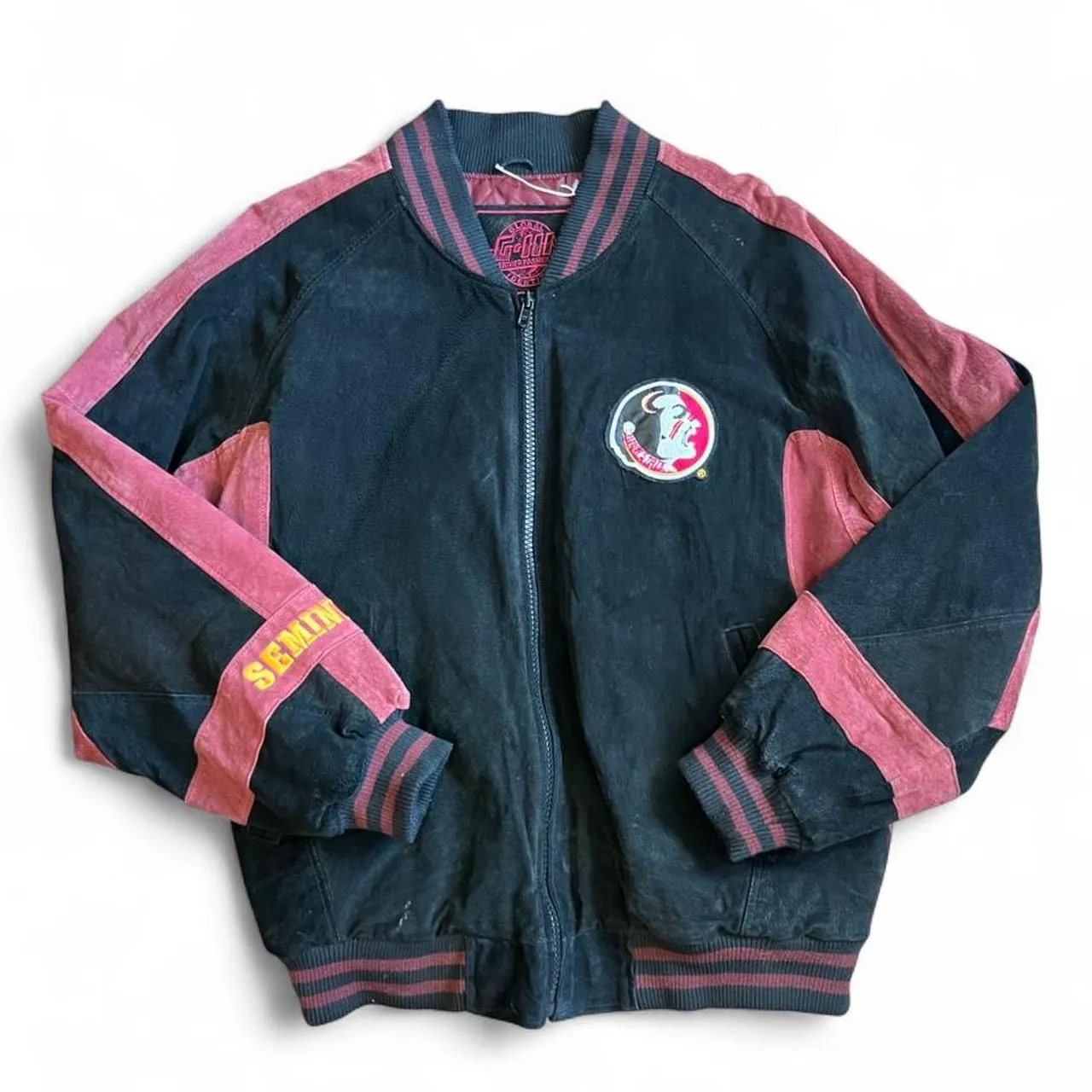 Vintage 90s Florida State Seminoles Embroidered Suede Bomber Jacket, photo 1 of 6