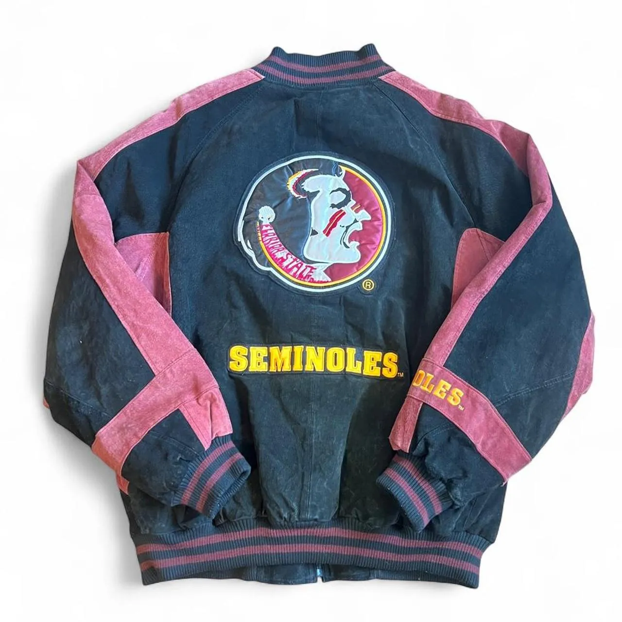 Vintage 90s Florida State Seminoles Embroidered Suede Bomber Jacket, photo 4 of 6