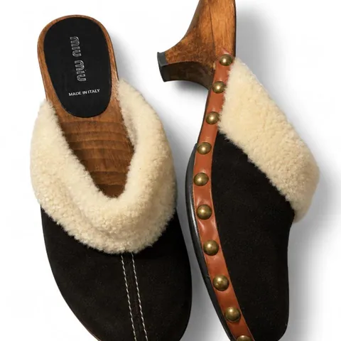 Rare Miu Miu Brown Studded Wood Shearling Suede Mules