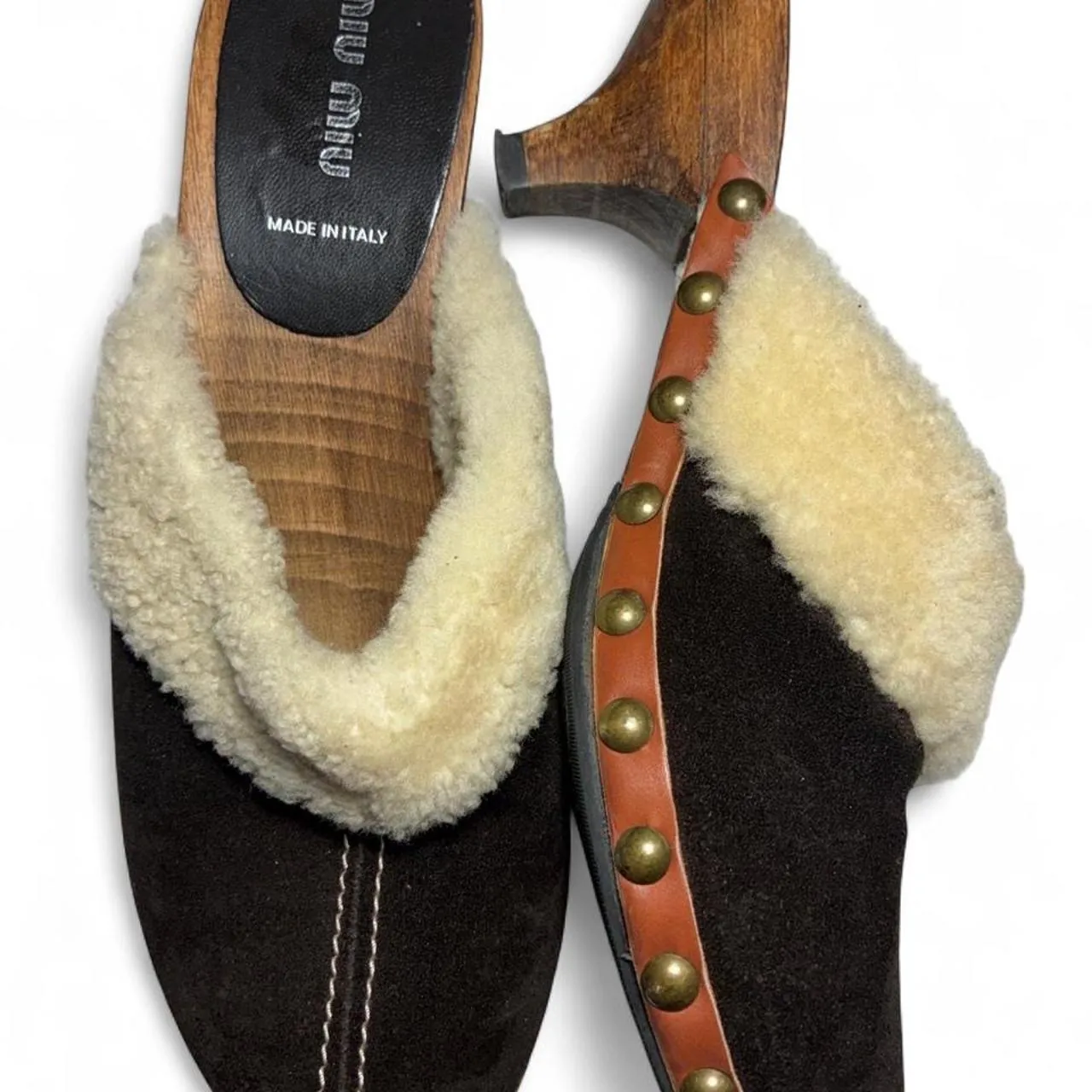 Rare Miu Miu Brown Studded Wood Shearling Suede Mules, photo 2 of 6