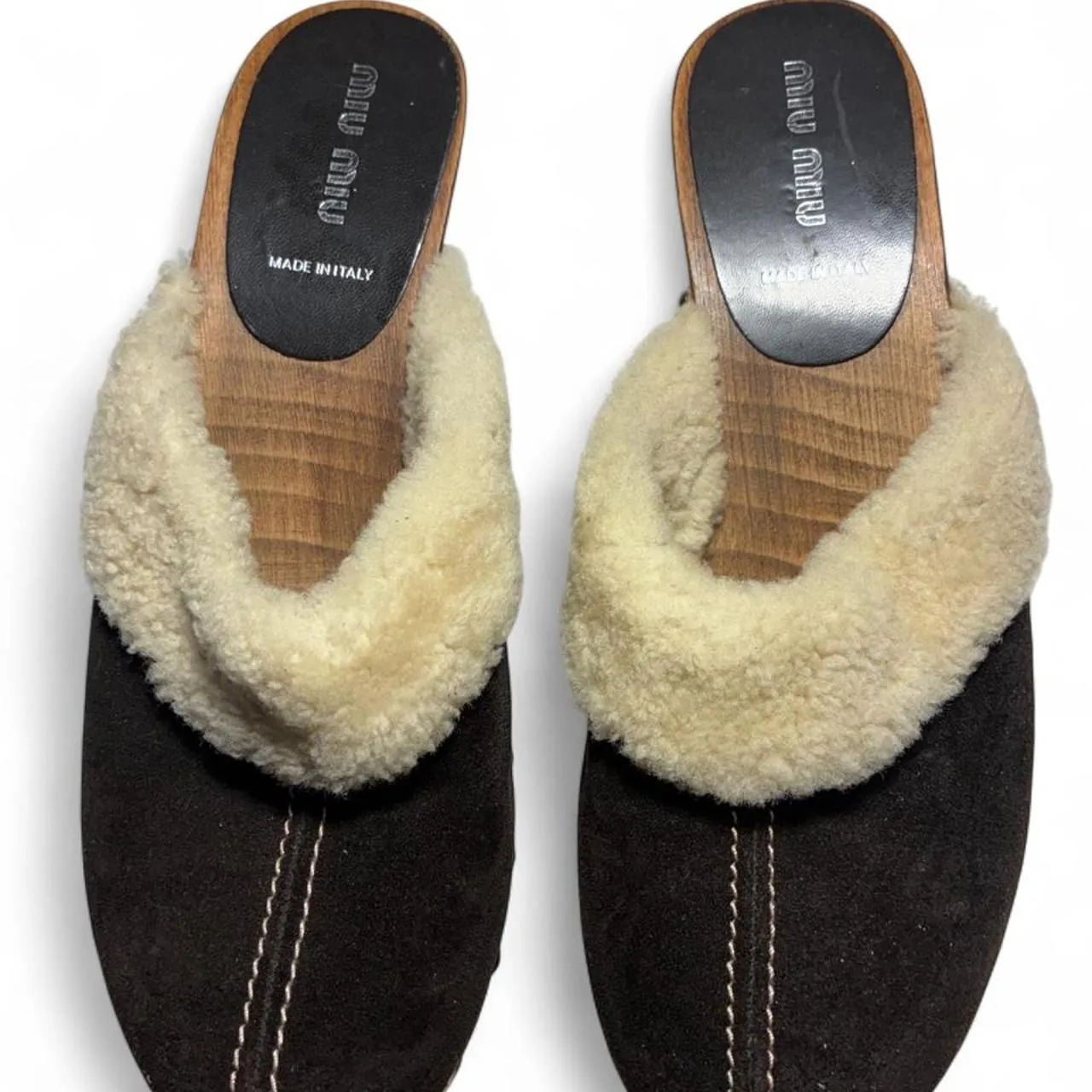 Rare Miu Miu Brown Studded Wood Shearling Suede Mules, photo 3 of 6