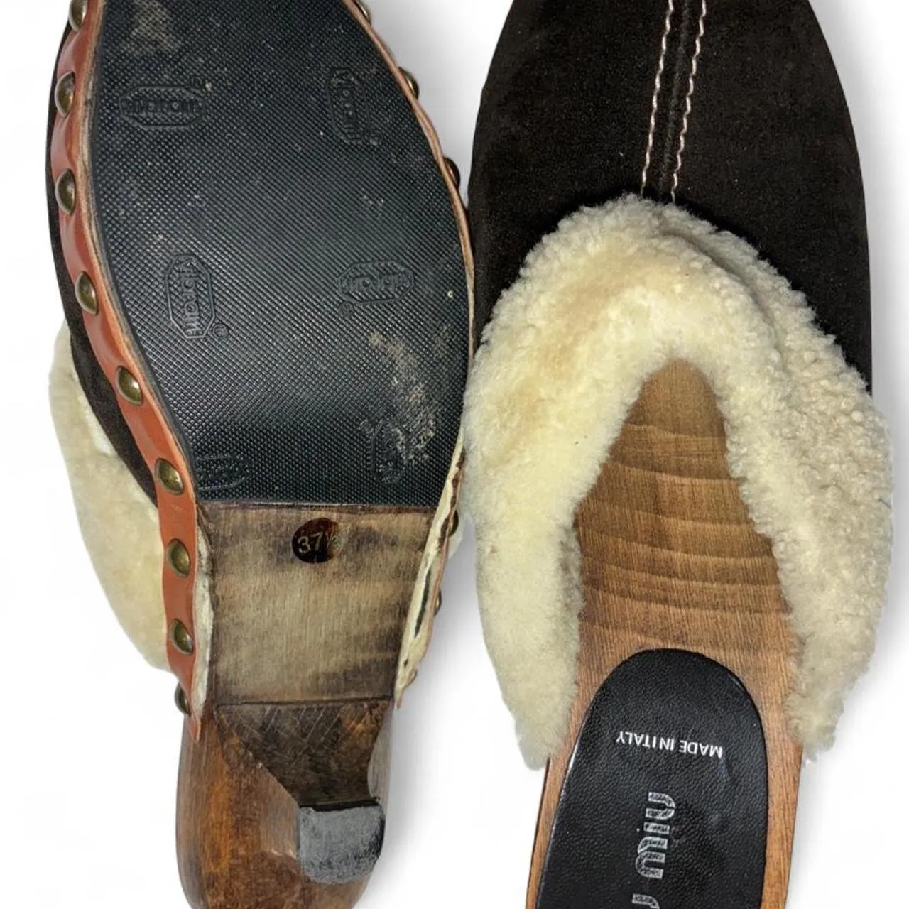 Rare Miu Miu Brown Studded Wood Shearling Suede Mules, photo 5 of 6