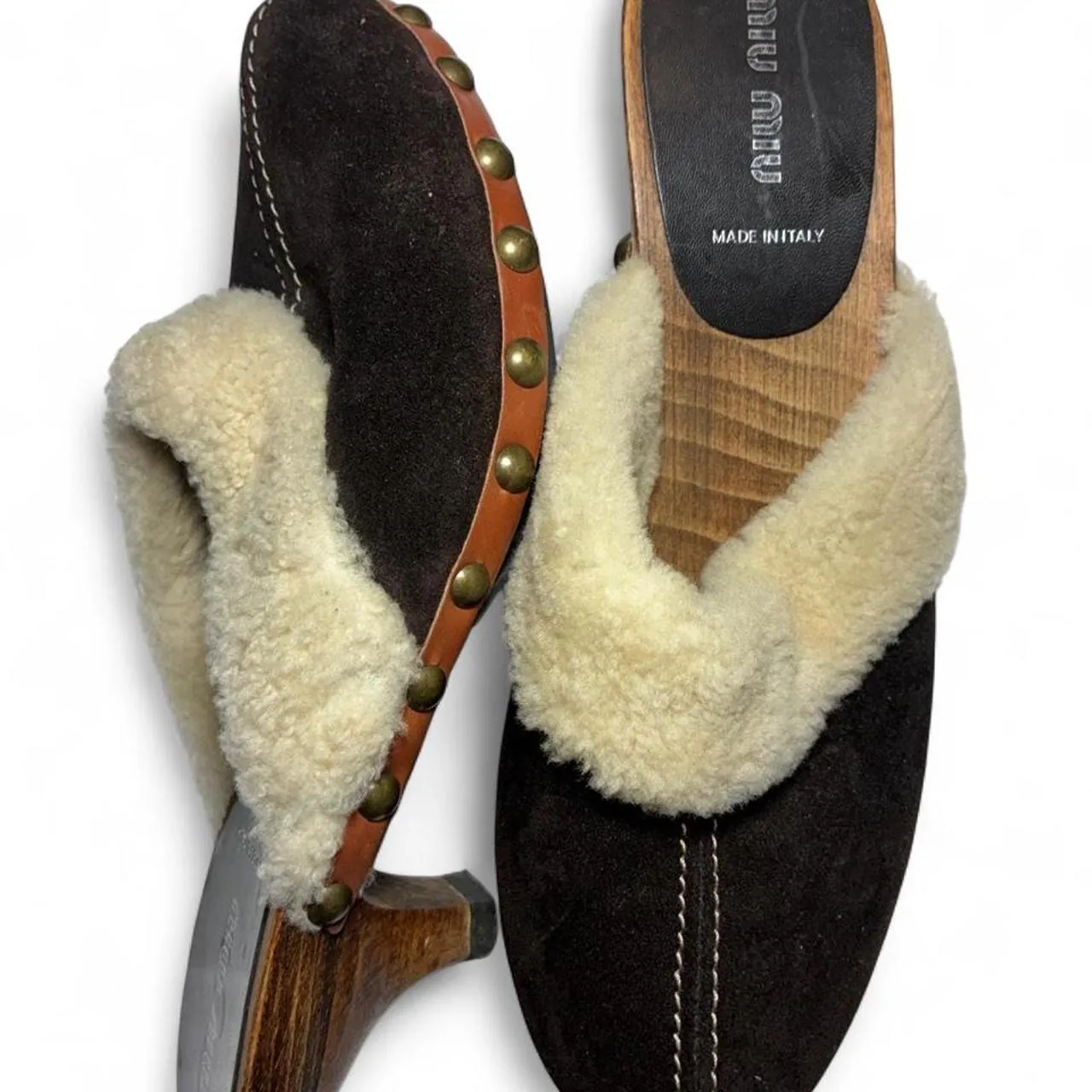 Rare Miu Miu Brown Studded Wood Shearling Suede Mules, photo 6 of 6