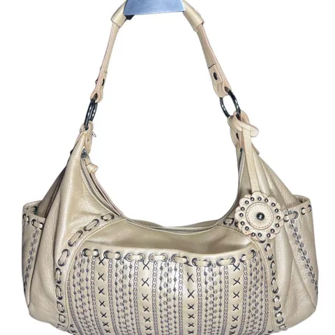 Isabella Fiore Beige Embroidered Leather Hobo Bag